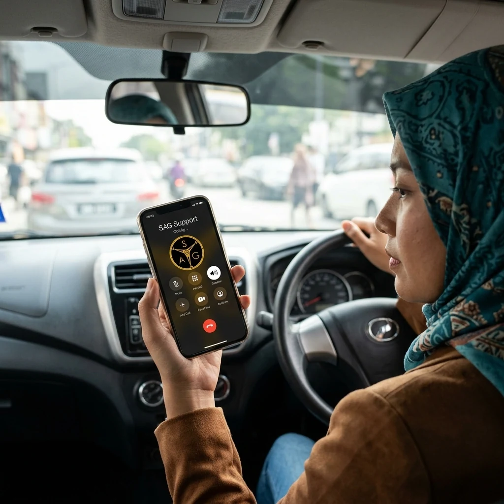 Customer calling SAG Support from the driver's seat to book a service